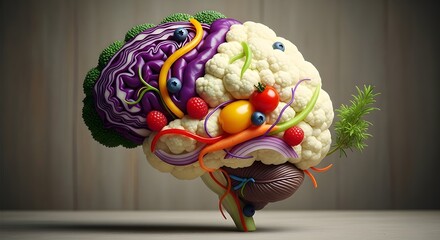 Creative arrangement of vegetables in the shape of a brain, mental health and nutrition concept.