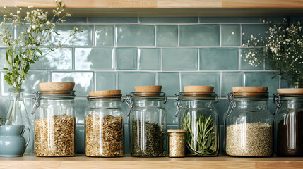 Glass jars dried herbs grains seeds kitchen shelf wooden lid green tile zero waste eco friendly natural light