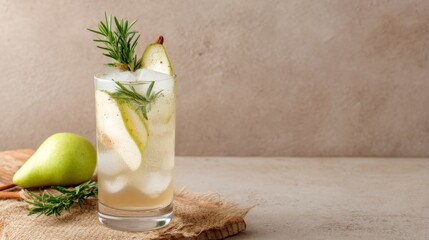 Zero-proof holiday drink in highball glass with spiced apple fizz rosemary cinnamon and pear slices on rustic wood.