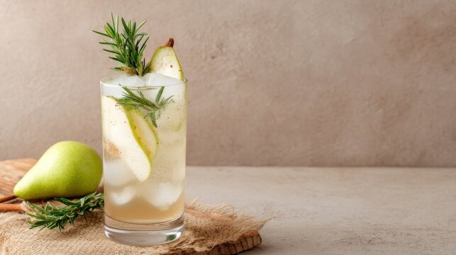 Zero-proof holiday drink in highball glass with spiced apple fizz rosemary cinnamon and pear slices on rustic wood.