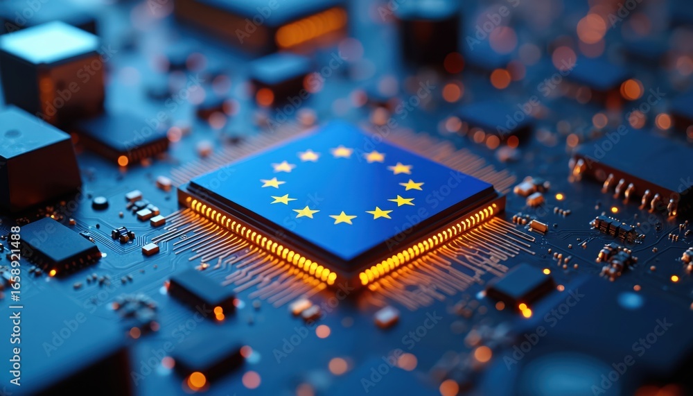 Poster european union flag digital chip on circuit board with components. futuristic tech design represents