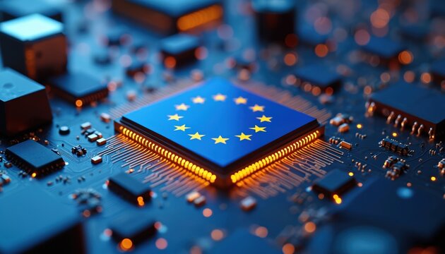 European Union flag digital chip on circuit board with components. Futuristic tech design represents digital sovereignty, data security, EU cyber policy. Blue cityscape background adds urban tech