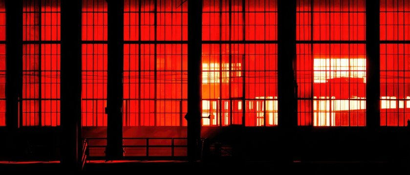 Red-lit industrial windows at night