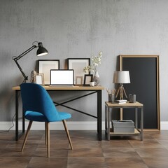 A stylish home office setup featuring a laptop, desk lamp, blue chair, and framed pictures against a textured concrete wall