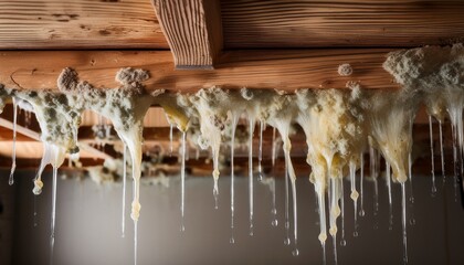 water damage and leaking ceiling a close up of mold and dripping water on wood beams