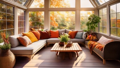 cozy sunroom with a combination of soft textiles stylish furniture and a warm color palette