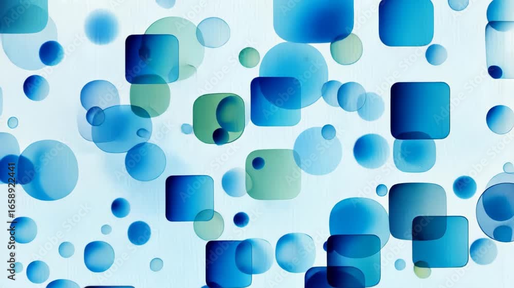 Poster geometric shapes: an abstract display of geometric shapes, primarily squares and circles, float in a