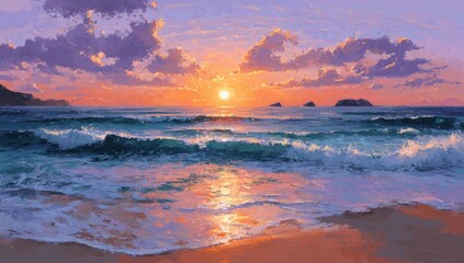 Obraz premium Colorful sunset over a tranquil ocean beach