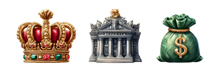 Royal Crown, Bank Building, and Money Bag on Transparent Background
