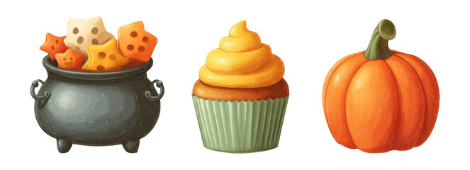 Festive Halloween Elements with Cauldron, Cupcake, and Pumpkin