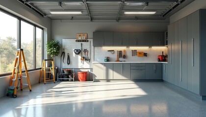 Modern garage interior with organized storage, featuring ladders, tools, sports equipment on pegboards, shelves. Sleek cabinets, illuminated workspace, concrete flooring create clean, professional