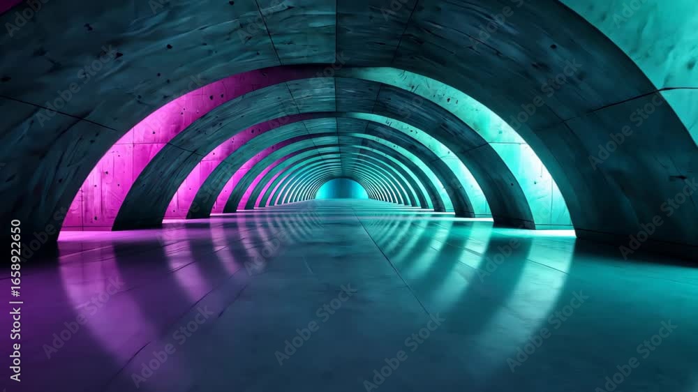 Aufkleber neon tunnel: the viewer is drawn into an illuminated tunnel that gives off a futuristic and abstract