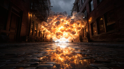 Obraz premium A massive explosion erupts in a narrow city alleyway at night