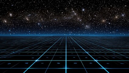 Futuristic grid stretching into a starry night sky