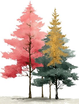 Green Pine Christmas Trees Hand Drawn Watercolor on White