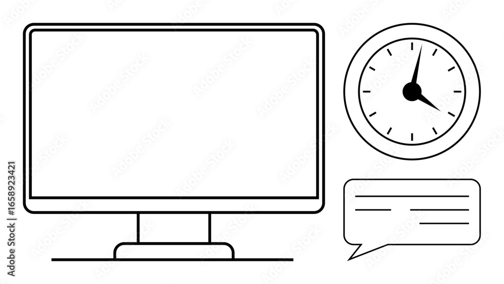 Poster computer monitor alongside round analog clock and speech bubble symbolizing time tracking, efficient