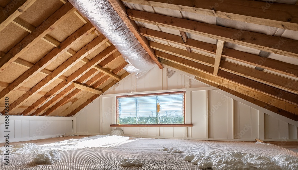 Poster white spray foam insulation application in an attic showcasing timber rafters and natural light filt