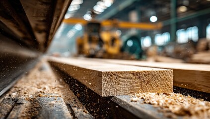 Wood planks moving on a conveyor belt in a sawmill