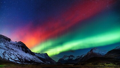 Fototapeta premium a radiant red aurora illuminating a mountain ridge crisp night air copy space on the left