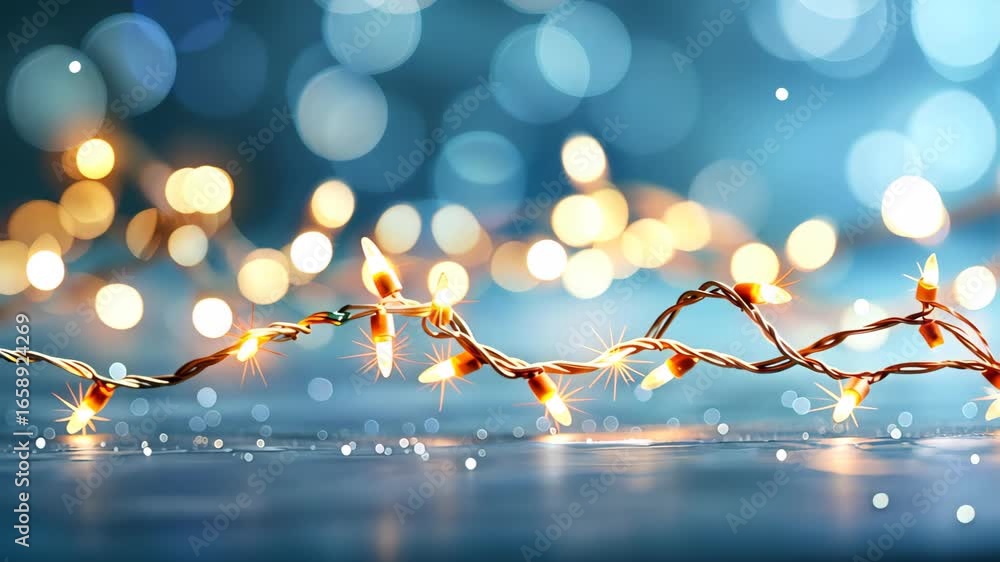 Poster Twinkling Lights on a Festive backdrop: a string of illuminated bulbs dances amidst a captivating backdrop of soft bokeh lights and gentle snowfall, evoking a sense of warmth and holiday cheer.