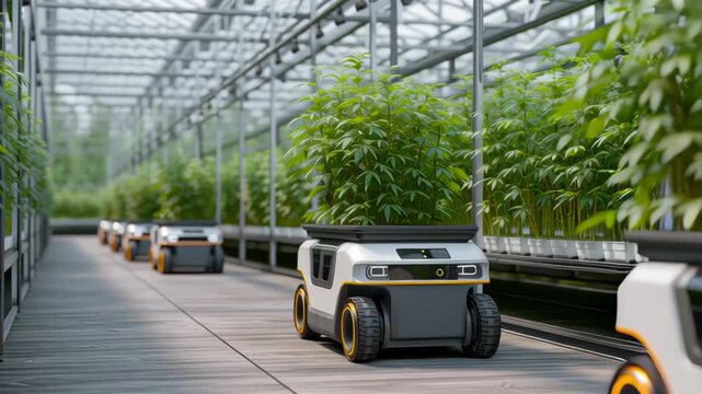 Autonomous farm robots transporting organic grown herbs in automated vertical greenhouse. Vertical smart farming concept. Future sustainable agriculture technology. 3d animation rendering