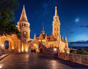 Fototapeta premium budapest castle with gothic towers and historic architecture under night sky