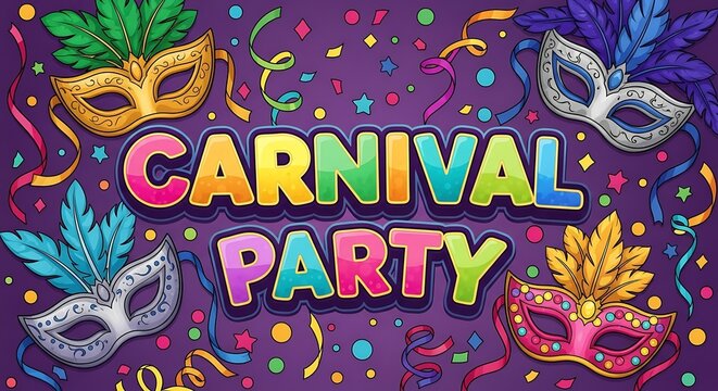 Vibrant Carnival Party Invitation Design with Festive Masks and Confetti