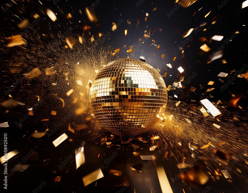 Poster a golden disco ball in the midst of breaking apart creating an explosion of glittering particles and
