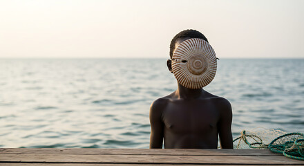 african boy wearing mask at celebration  by the sea at sunset  