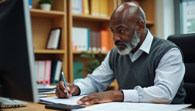 Senior African American man, likely athletic director, reviews schedules, plans team practices at desk. Focused on paperwork, pen in hand, with computer, bookshelves in background. Scene conveys