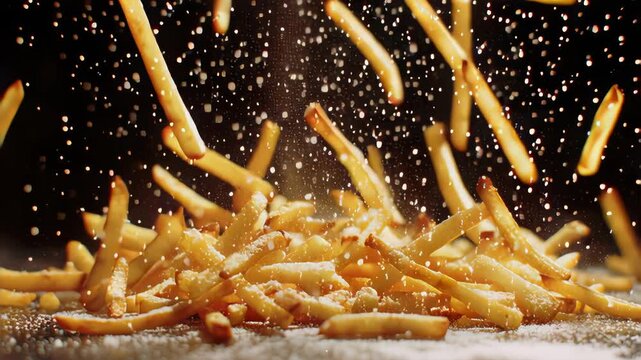 Super Slow Motion Shot of Falling French Fries and Salt Followed