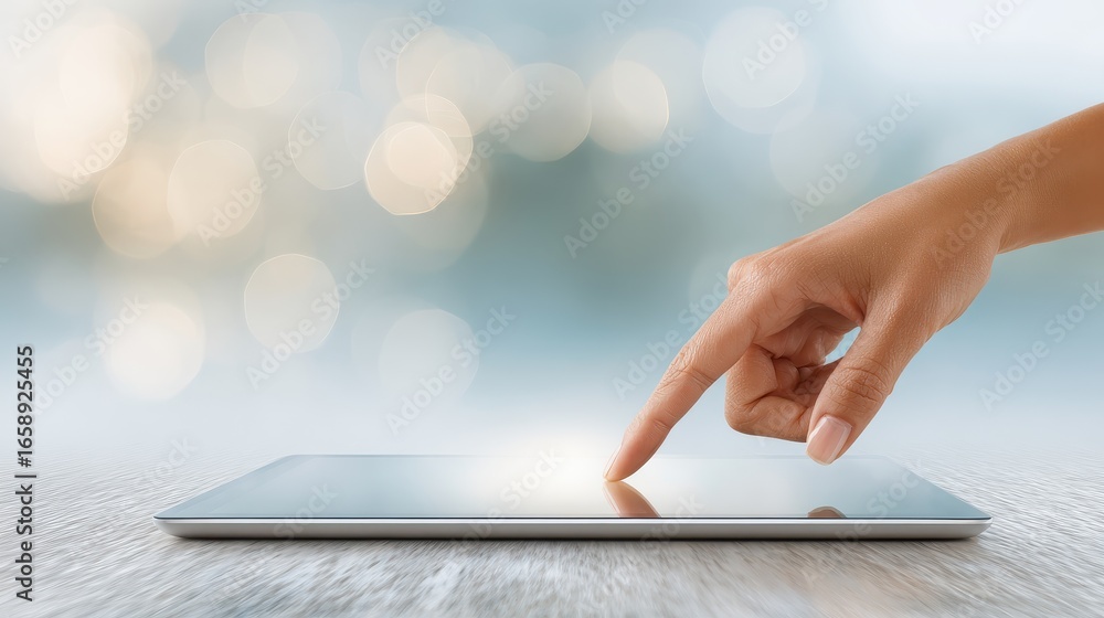 Poster close-up of finger touching screen on tablet with blurred background for project management and prog