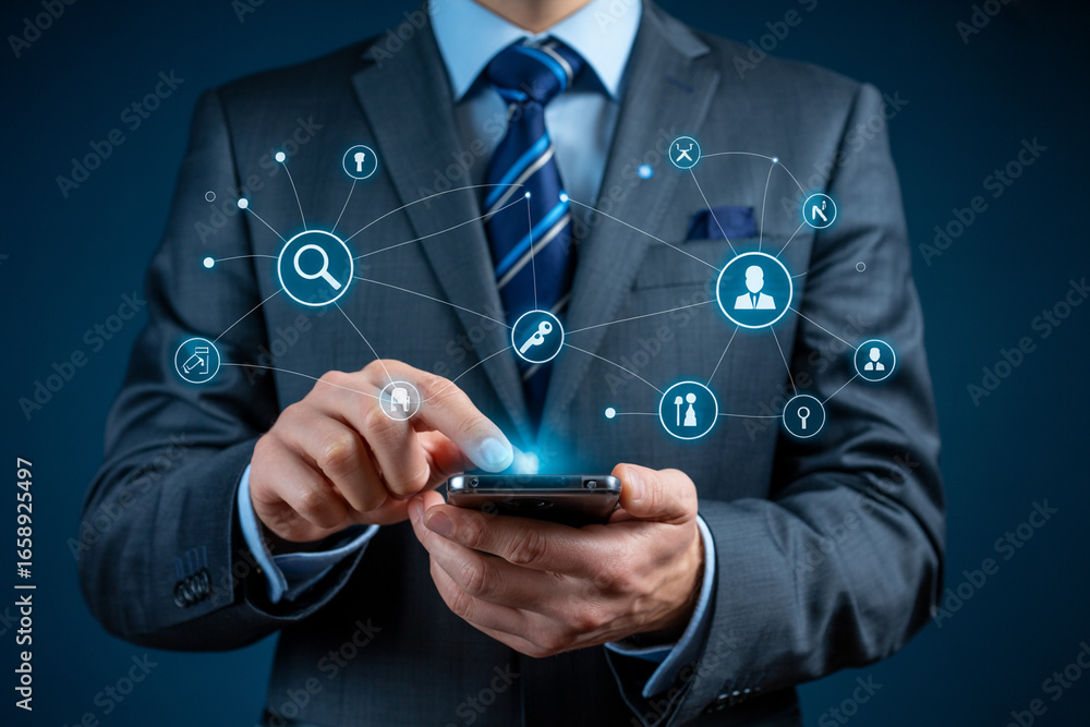 Poster businessman using mobile phone for social media marketing and digital network connection concept