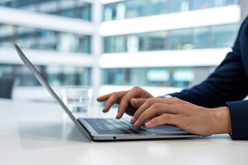 Man working on laptop in office businessman typing on keyboard professional technology corporate workspace