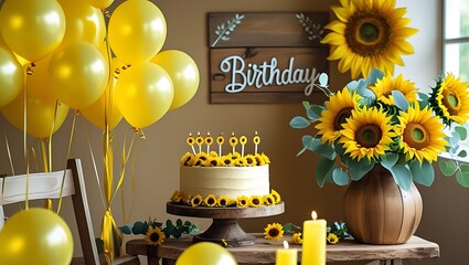 Celebrate a sunny sunflower birthday with cake, balloons, and cheerful, bright yellow decorations