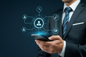 Business man using mobile app for data analysis and networking connection concept design idea