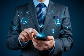 Businessman using mobile phone for social media marketing and digital network connection concept