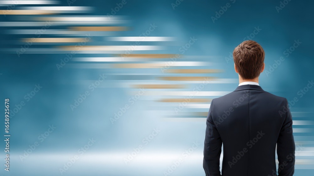 Poster businessman standing next to digital gantt chart representing project milestones and management stra