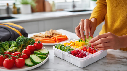 Mom's hands packing a lunch with tomatoes, cucumbers, pepper, and various vegetables in a lunchbox