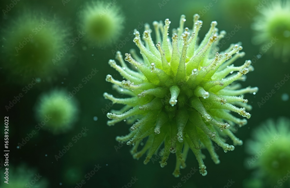 Poster close-up of green microscopic organisms cluster, with visible cellular structures. floating microbes