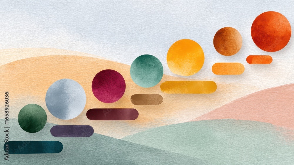 Poster watercolor visual representation of business milestones in a sequential floating icon design
