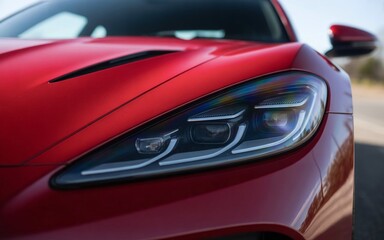 macro shot of a modern sports car LED headlight, sharp lines and glossy reflections
