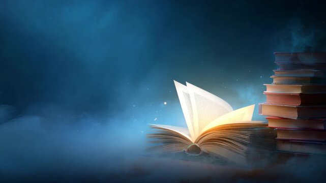 an open book among a pile of books