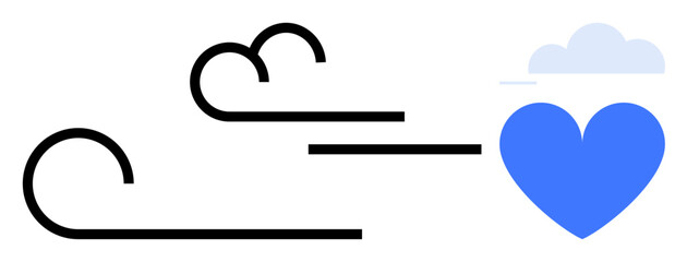Blue heart next to a light cloud and flowing wind lines symbolizes love, nature, freshness, air, care, eco-friendliness, and environmental protection. Ideal for wellness, sustainability healthcare