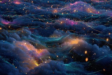 Abstract digital landscape of swirling clouds with glowing particles