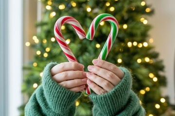 Hands holding candy canes in heart shape with christmas tree in soft focus background indoors