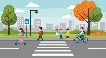 Children crossing street, safe pedestrian crosswalk, city transportation, urban school commute illustration © Bokul Creatives