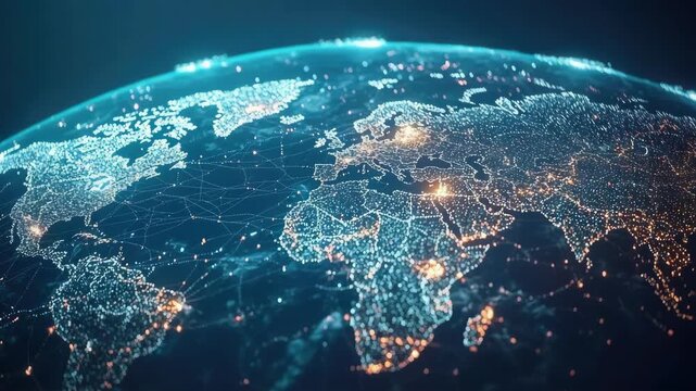 Digital communication lines interconnecting world continents showing global internet and technology accessibility. - Powered by Adobe