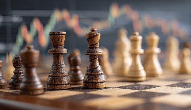 Chess pieces on a board with a blurry background of financial charts