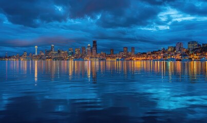 City skyline at twilight reflected on water